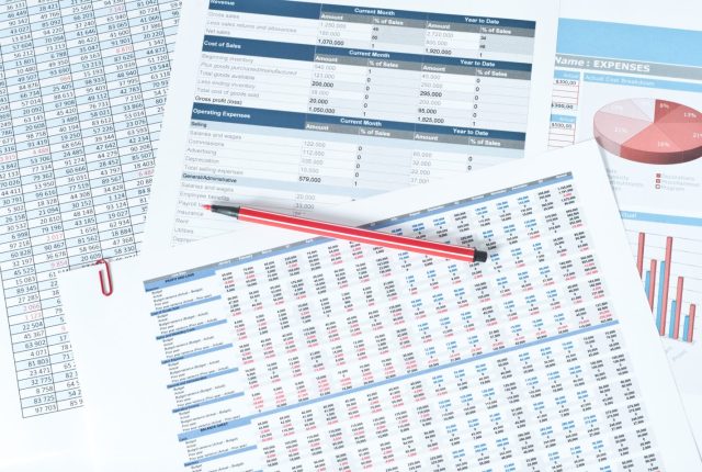 Overhead view of financial reports, spreadsheets, charts, and a red pen placed on top of the documents.